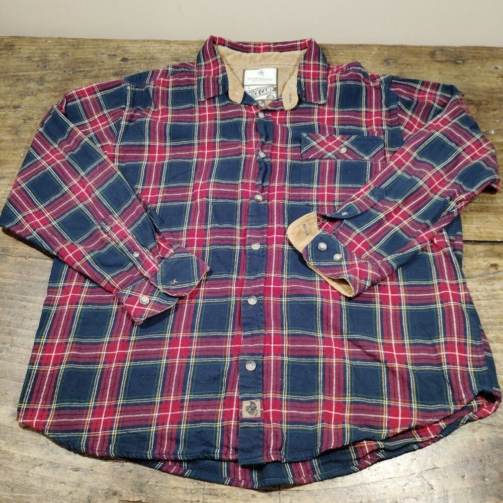 Legendary Whitetails Flannel Shirt Mens XL Plaid Red Navy Cotton Corduroy Detail